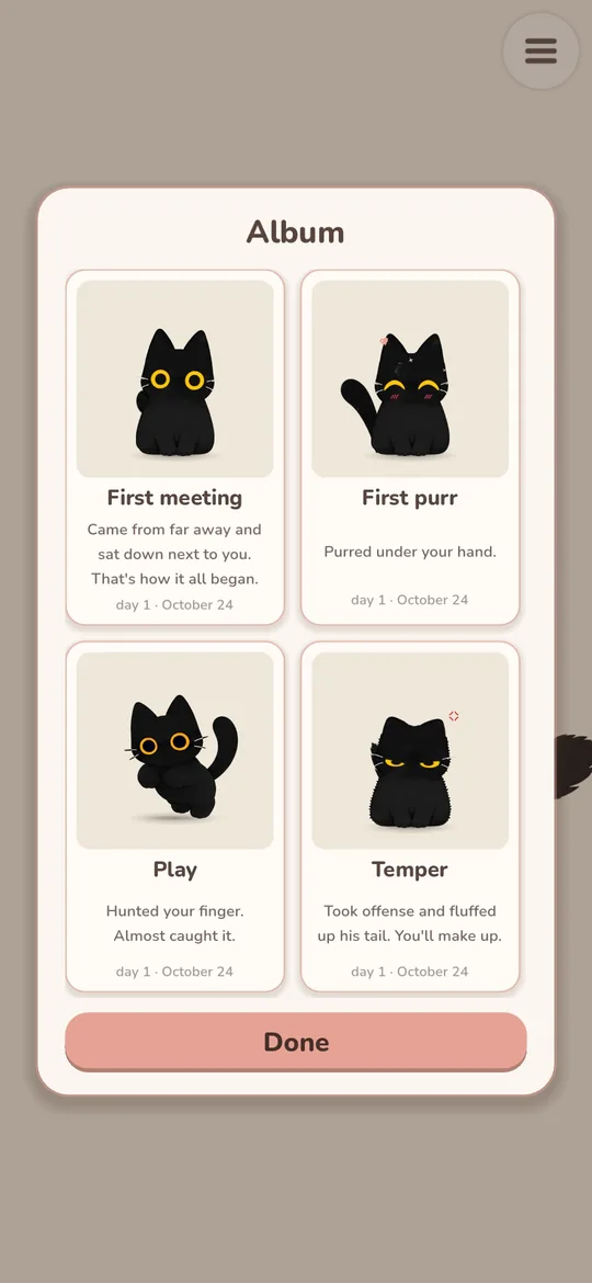 The album with postcards: First meeting, First purr, Play, Temper